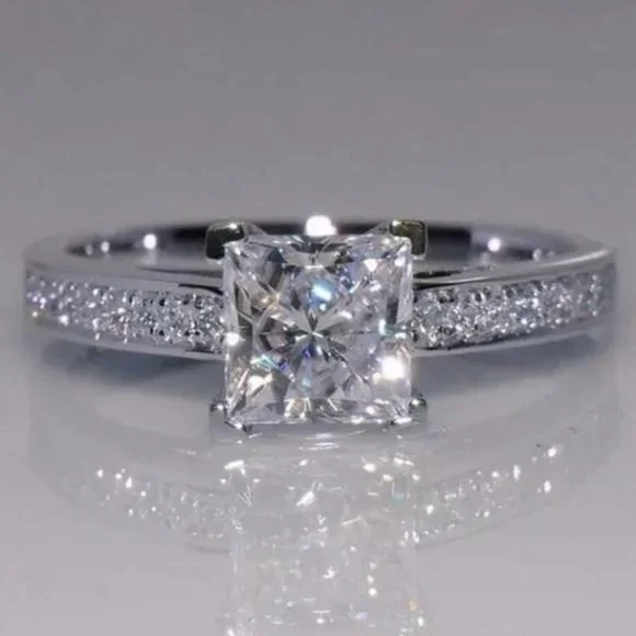 14K White Princess Square Engagement Ring - Picture 2 of 7
